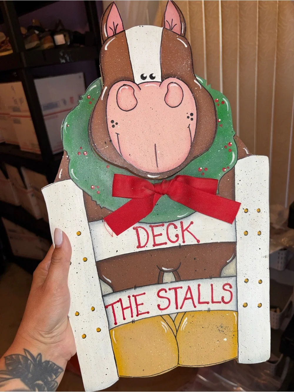 Hand-Painted Holiday Horse Door Hanger - Brown/Pink